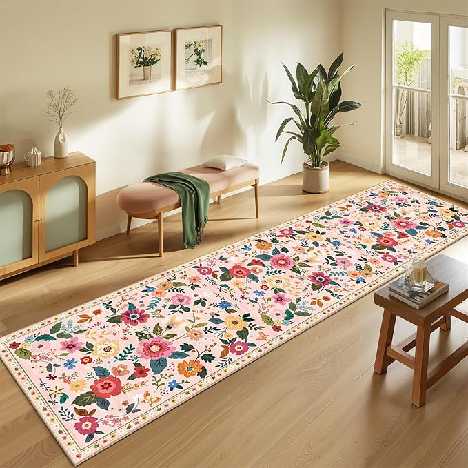 RELEANY Floral Nursery 2x10 Area Rugs Washable Print Boho Cute Carpet Non Slip Flower Low Pile for Living Room Kids Girls Playroom Bedroom Kitchen Office Farmhouse-Pink