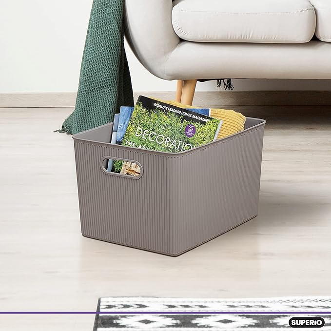 Superio Ribbed Collection - Decorative Plastic Basket Open Home Storage Bins Organizer, X-Large Taupe (2 Pack) Container Boxes for Organizing Closet Storage Bins for Shelves 22 Liter/23 Quart