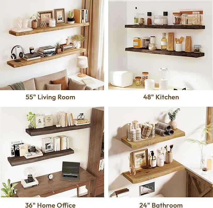 Vivelove Live Edge Floating Shelves 55 Inch Elm Wood, Rustic Farmhouse Wall Shelf with Invisible Bracket for Living Room Bedroom Bathroom Office Book, 55x8x1.4- Set of 1 - Dark Walnut