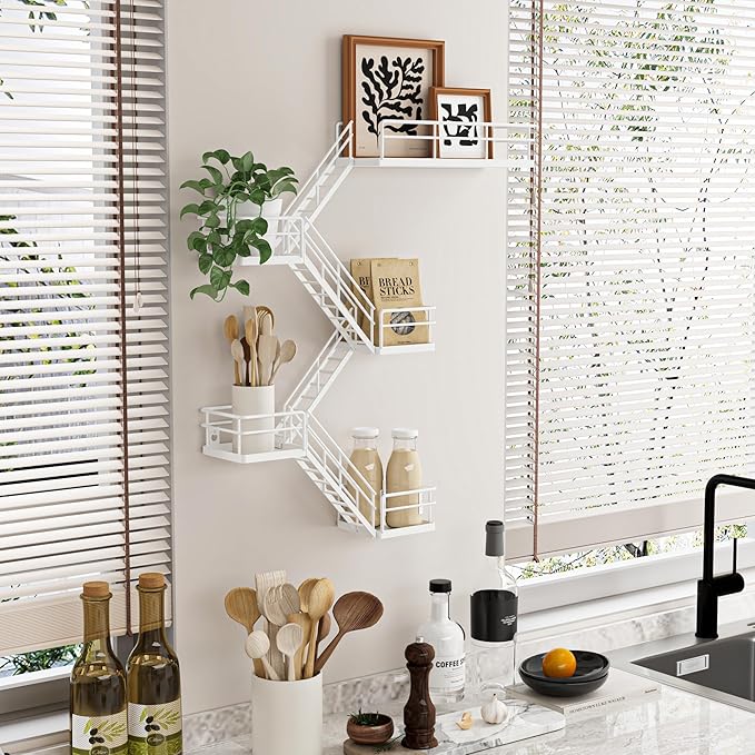 Fire Escape Shelf - 5 Tier Metal White Fire Escape Wall Shelves with Baskets, New York Action Figurine Display Shelf, Unique Rustic Floating Decorative Wall Shelves for Any Room