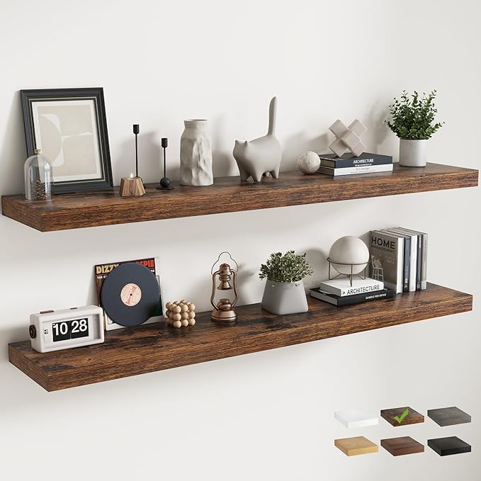 72 Inch Floating Shelves for Wall with Invisible Brackets Set of 2, 12"D Engineered Wood Wall Shelves with Wood Grain for Living Room, Bedroom, Bathroom, Kitchen Decor and Storage, Rustic Brown