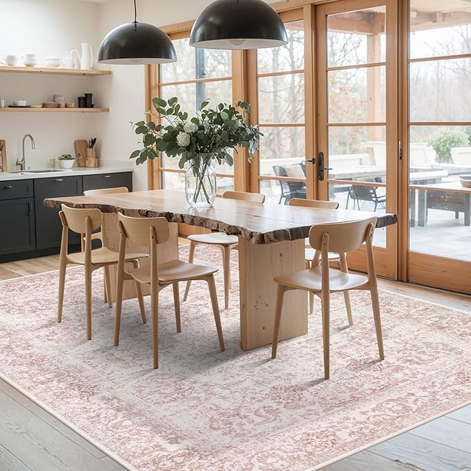 Rugxara 6x9 Washable Area Rug for Living Room & Bedroom, Large Light Pink Rugs for Women, Non Slip, Durable Low Pile Carpet, Vintage Carpets for Office, Dining Room, Kids Room and Farmhouse