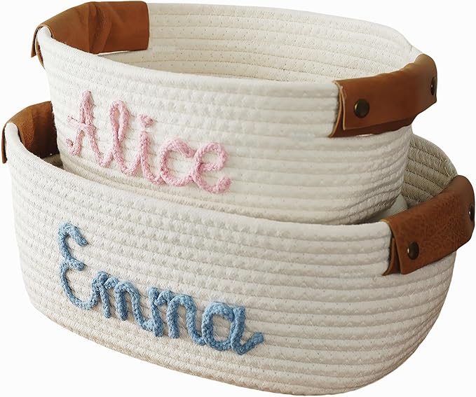 JUPPE Baptism and Newborn Baby Show Gift Basket with Personalized Name, Toys and Storage Organizer Custom Baby Shower Basket Gift Cotton Rope Basket Gift Nursery Decor Newborn Gifts (Style 1)