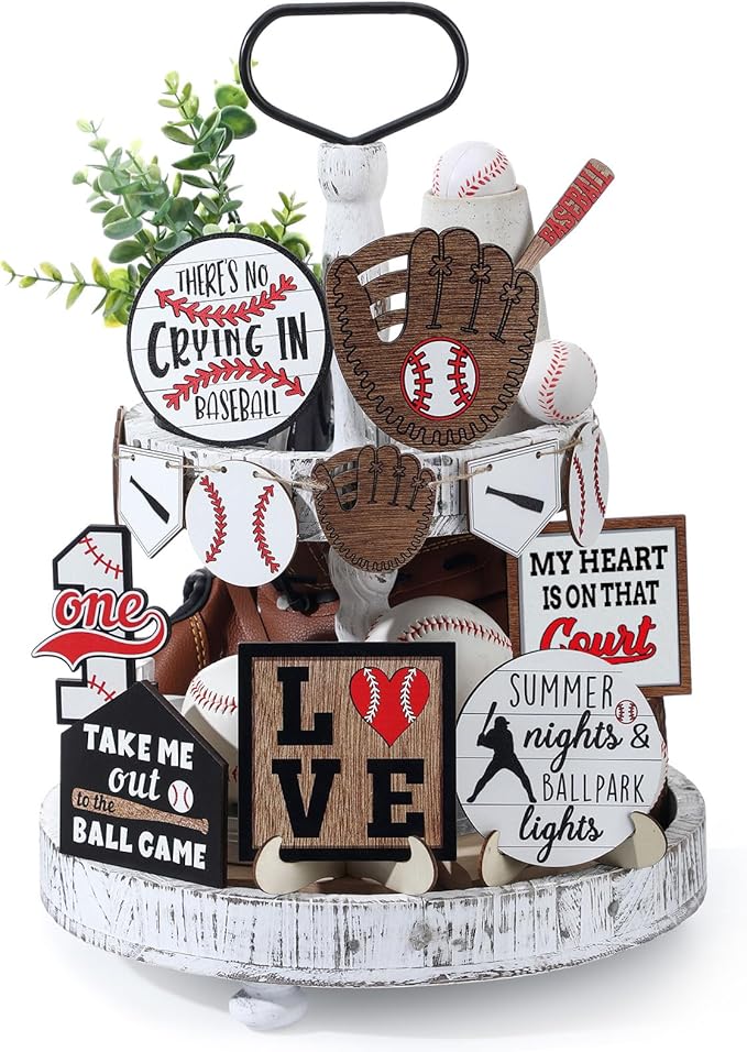 13 Pcs Baseball Tiered Tray Decor Wooden Table Centerpieces Rustic Wooden Baseball Game Sign for Fans Theme Party Ceremony