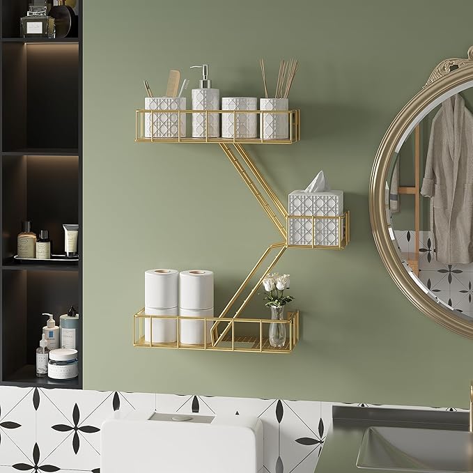 Fire Escape Shelf - 3 Tier Metal Glod Fire Escape Wall Shelves with Baskets, New York Action Figurine Display Shelf, Unique Rustic Floating Decorative Wall Shelves for Any Room