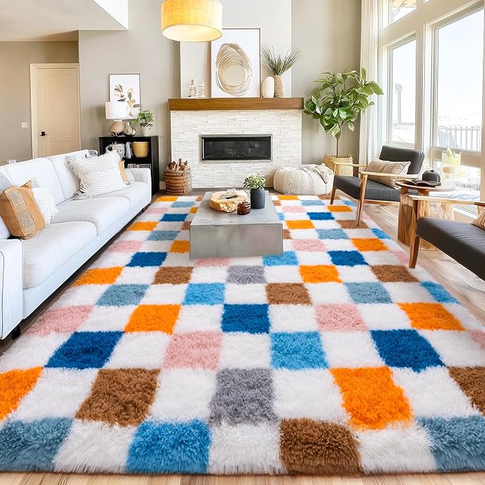 Checkered Rugs for Living Room 6x9, Ultra Soft Fluffy Rug for Bedroom, Modern Shaggy Carpets Fuzzy Rug for Girls Boys Room Home Indoor Nursery Teens Dorm Decor, Upgrade Non-Slip Durable, Colorful