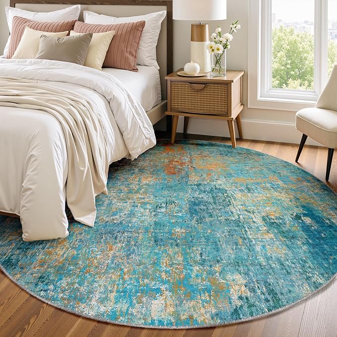 RELEANY Washable Area Rugs 8ft Non-Slip Modern Abstract Soft for Living Room Entryway Bedroom Nursery, Print Pattern, Teal Blue Green Orange Rust Red Coloreful