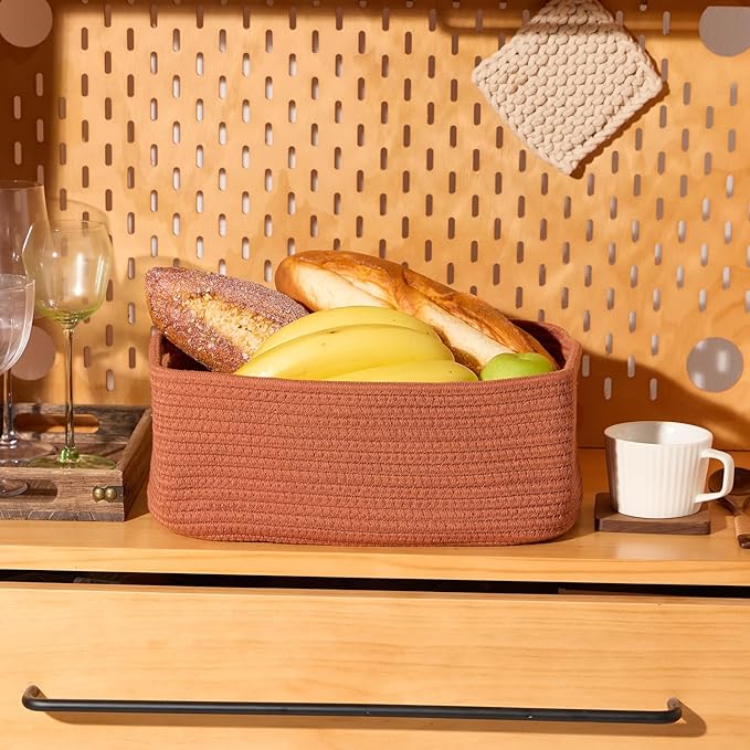 MiniArk Small Storage Baskets for Organizing | Closet Organizer Bins | Shelf Toy Basket | Woven Rope Baskets | Cube Decorative Box | Shallow Basket | 13x8.5x5.1” | 4 Packs Oxide Red