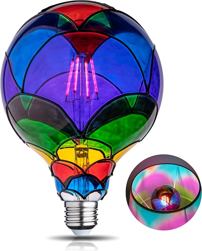Stained Glass Light Bulb, Rainbow Painted, 4W 120V, Multi Colored, Fun, Romantic, Unique Decorative