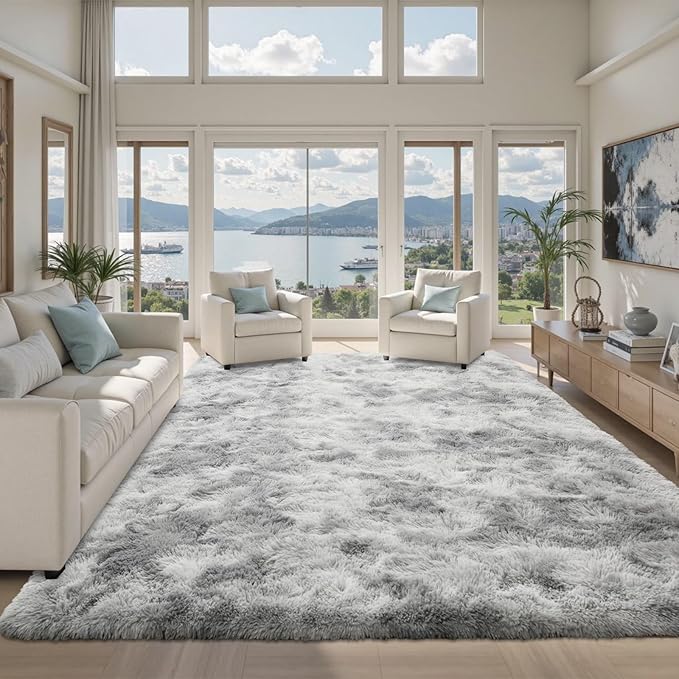 9x12 ft Rug for Living Room Fluffy Grey White Shag Rug Non-Slip Area Rugs Carpet for Bedroom Nursery Kids PlayRoom Dorm Office Indoor Modern Plush Carpets
