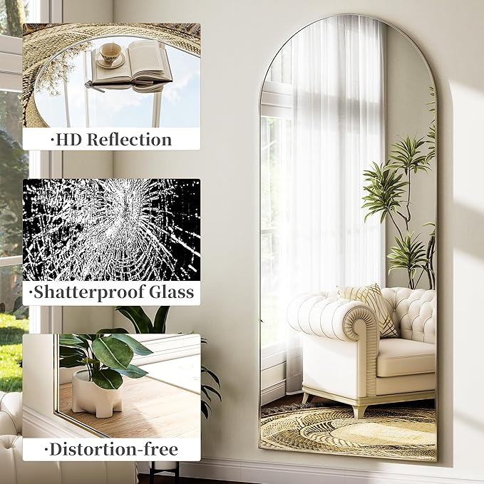 Arched Full Length Mirror 64"x21", Floor Standing Body Mirror with Aluminum Frame,Leaning Hanging for Bedroom Cloakroom Living Room Silver