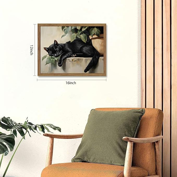 Framed Black Cat Wall Art, Vintage Sleeping Cat Picture Wall Decor, Cute Animal Poster Canvas Prints, Rustic Plant Paintings Artwork for Living room Bedroom Bathroom Decor – 12x16 inch