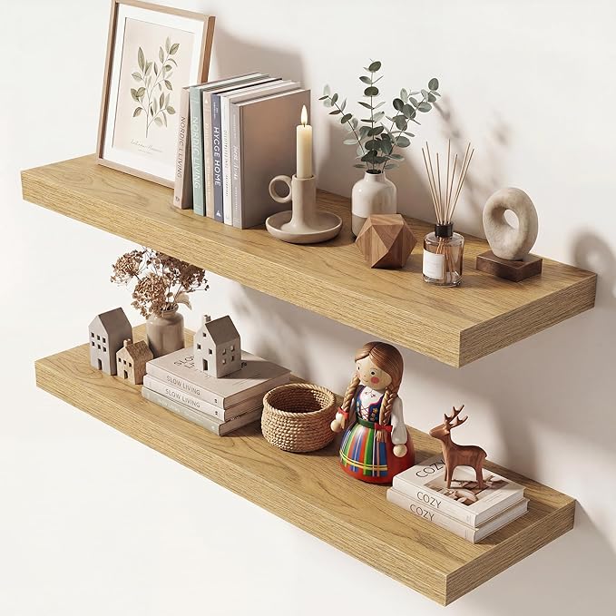 Dreamland 32 Inches Floating Shelves for Wall, 9.3" Deep Long Floating Shelves Set of 2, Large Display & Storage Shelf, Wall Shelf for Bathroom Bedroom Living Room Kitchen Office, Oak