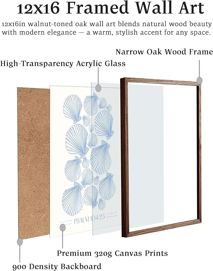 EcoHest Christian Bible Verse Framed Wall Art, 12x16 in Walnut Color OAK Wood Seashell Nautical Scripture Quote Canvas Wall Art, Psalm 104:25 Home Decor, Beige Logs 1Pack for Bedroom Living Room