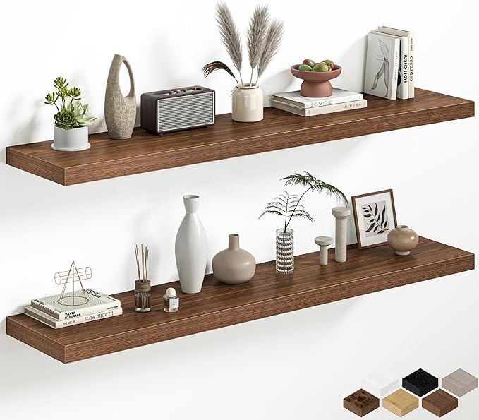 Walnut Floating Shelves for Wall, 55 Inch Floating Shelves Set of 2, Wall Mounted Rustic Wood Shelf for Bathroom, Living Room, Bedroom and Kitchen, Hanging Shelf for Storage, Books, Home Decor