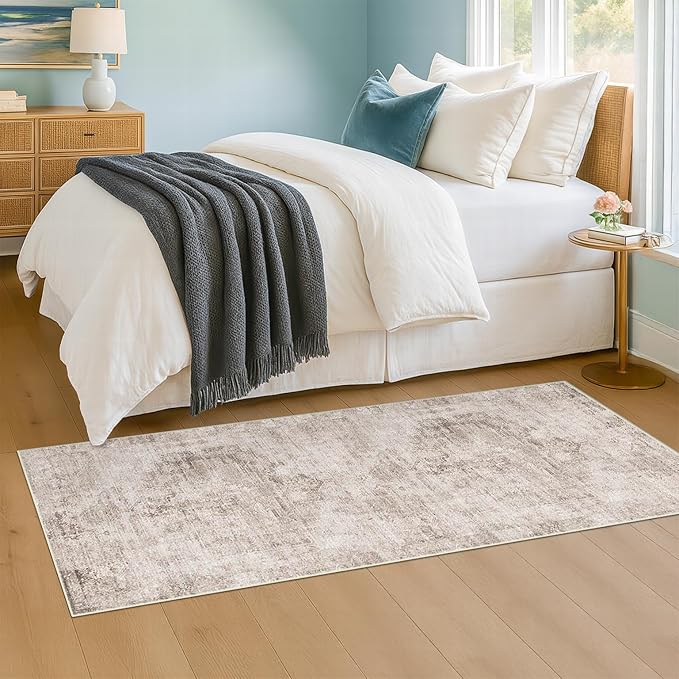 Hazo Haus Washable Non Slip Stain Resistant 2x5 Runner Rug for Bathroom, Kitchen, Laundry Room, Bedroom Beside Bed, Unique Tan Distressed Abstract Eclectic Runner Décor, Beige Brown