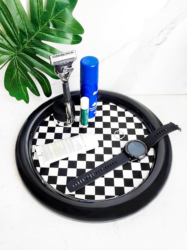 Ciandid Checkered Decorative Tray, Retro Jewelry Tray Dresser Tray for Makeup Perfume Organizer, Aromatherapy Reed Diffuser Tray Vanity Tray for Bathroom(Black)
