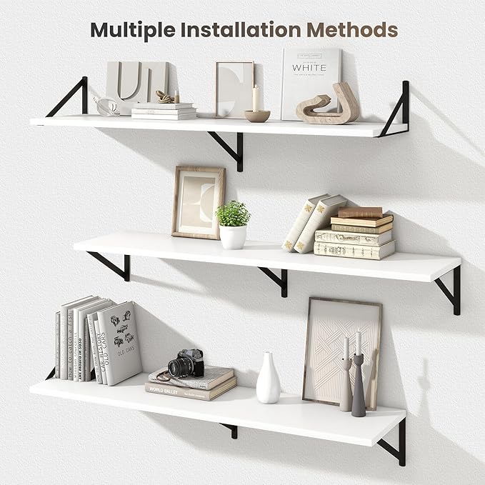 Marsmiles White Floating Shelves for Wall - 48 Inch Wide x 12 Inch Deep Wall Shelves Set of 2 - Wood Floating Shelves for Living Room Bedroom Bathroom