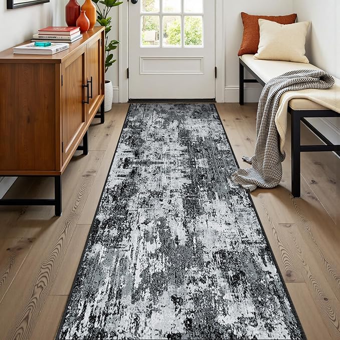 RELEANY Washable Area Rugs 2'x8' Non-Slip Modern Abstract Soft for Living Room Entryway Bedroom Nursery, Print Pattern, Black Navy Blue Gray