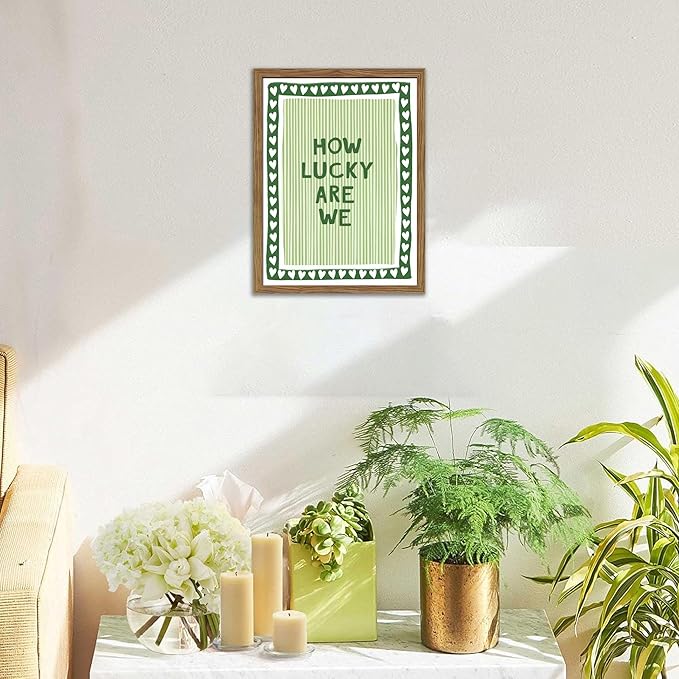 How Lucky Are We Wall Art, Vintage Green Inspirational Canvas Wall Decor Painting, Trendy Preppy Stripe Quotes Posters Prints Pictures for Bedroom Dorm Apartment Decor 12x16 Inch Framed