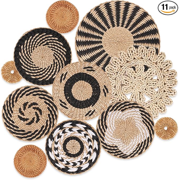 Boho Wall Basket Decor Set of 11 - Hanging Woven Bulrush Basket Wall Decor, Handcrafted Round Flat Baskets Wall Art, for Rustic Farmhouse、Home - Unique Rattan Wicker Wall Decor（Black Retro）