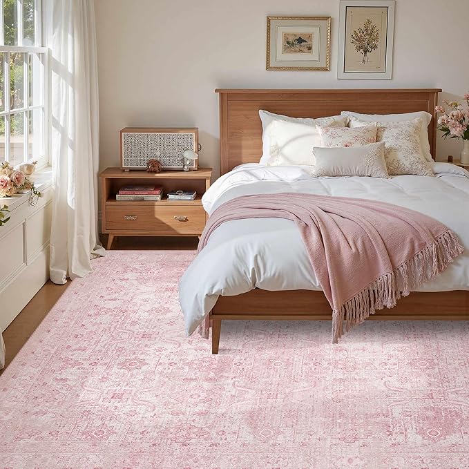 Rugxara 6x9 Area Rugs for Living Room Bedroom, Pink Large Washable Neutral Rug, Vintage Floral Retro Boho Non Slip & Low Pile Carpet for Indoor Dining Room, Classroom, Dorm, Nursery and Kids Room