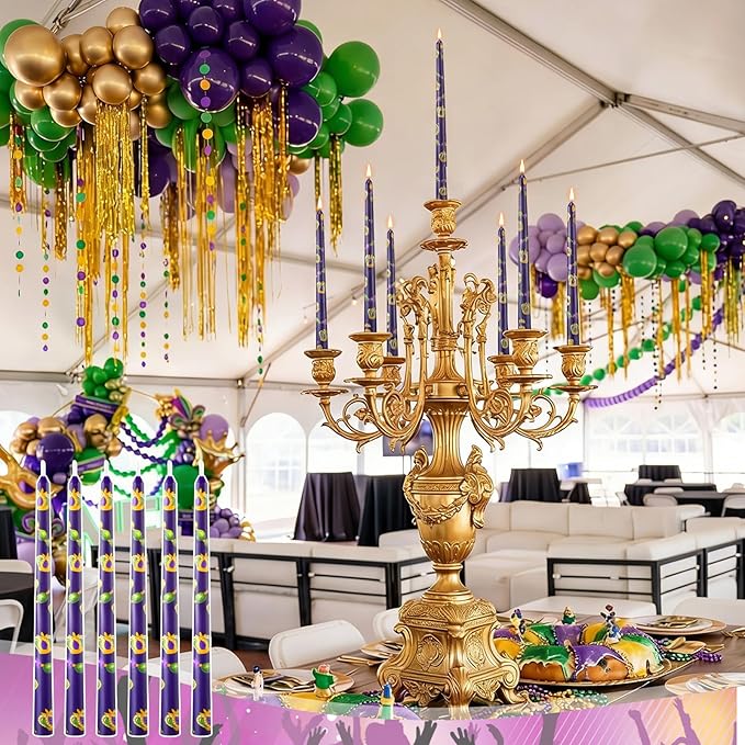 Threlaco 6 Pcs Mardi Gras Taper Candles 9.8" Purple Green Gold Beads Crowns Long Taper Candlesticks New Orleans Decorations Unscented Candles for Mardi Gras Party Gift Home Table Decor