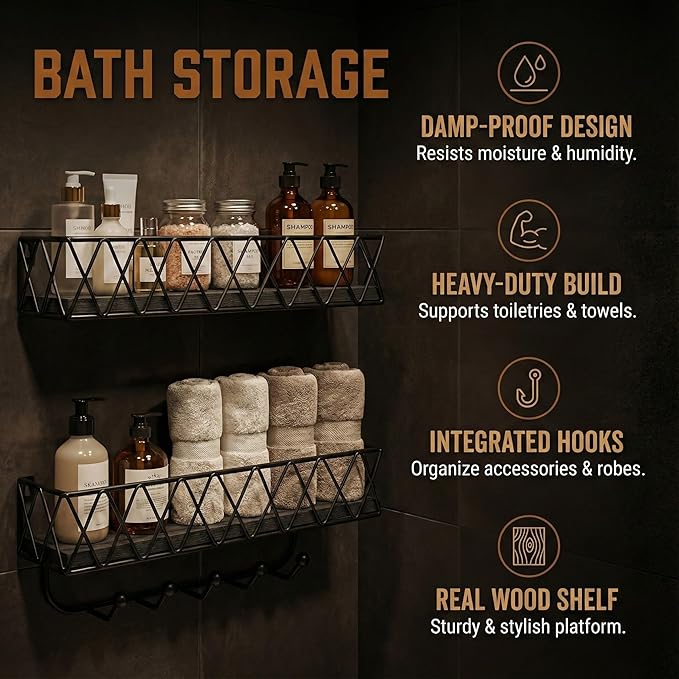Molaxhome Wall Mounted Storage Shelves,Easy to Mount Wall Wooden Floating Shelf for Bedroom,Farmhouse,Living Room,Bathroom,Kitchen,Office and More DC1A611 (Black, W4.7xL14)