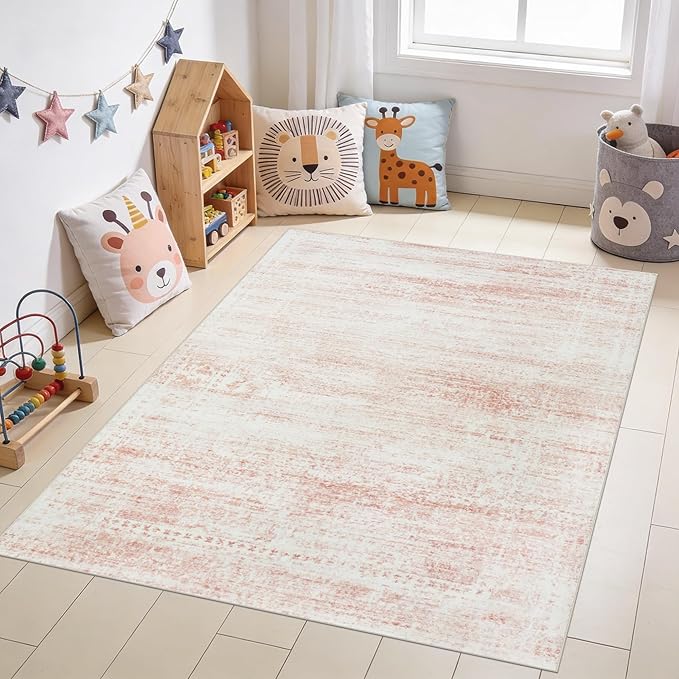 Srugn Washable Rugs 4x6 Area Rugs for Living Room,Bedroom,Kids Room,Nursery- Soft Faux Wool Small Carpets,Non Slip&Non-Shedding Low Pile Vintage Print Rugs for Enterway,Home Office Decor-Pink White
