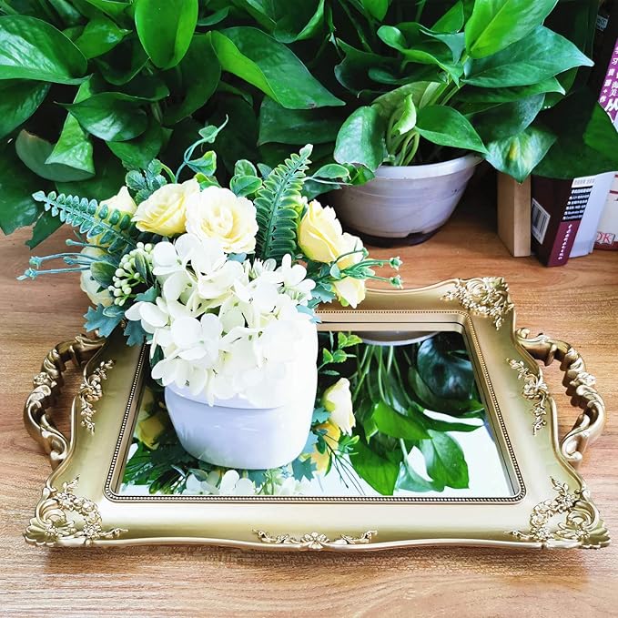 Rectangle Decorative Mirror Tray, French Style, Makeup Organizer, Jewelry Organizer, Serving Tray, 9.5"x 14.9", Gold