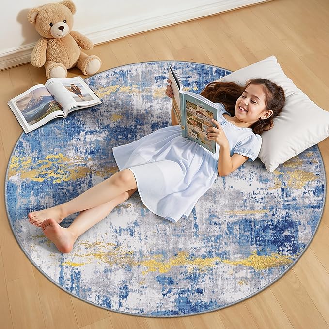 RELEANY Washable Area Rugs 4ft Non-Slip Modern Abstract Soft for Living Room Entryway Bedroom Nursery, Print Pattern, Grey Blue Gold/Golden