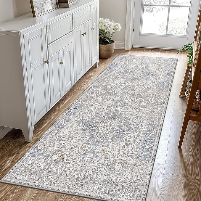 GENIMO 2x8 Runner Rugs for Hallway, Machine Washable Non Slip Vintage Retro Rugs, Low Pile Lightweight Thin Print Carpet for enrtyway, Corridor, Home Office, Kitchen, Khaki Blue