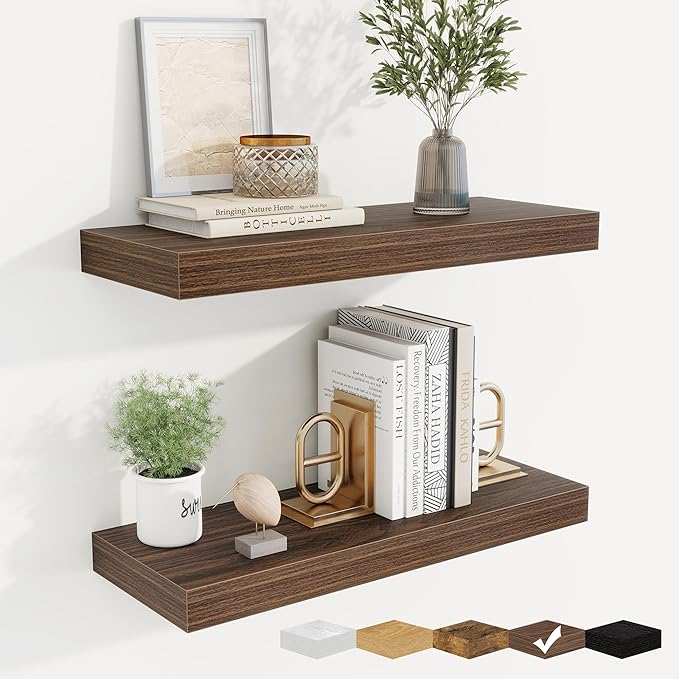 fuqing Floating Shelves for Wall, Wall Mounted Wood Floating Shelf with Invisible Brackets for Living Room, Bathroom, Bedroom, Kitchen Storage and Decor, 20 Inch Set of 2, Walnut