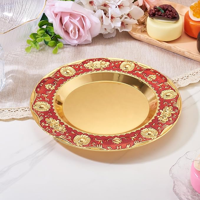 1pcs Golden Serving Tray for Party 4.8" Vintage Round Decorative Plate Tray Jewelry Makeup Organizer Dishes Bathroom Vanity Tray for Gift Wedding Coffee Table Dessert Christmas 20 cm (Red)