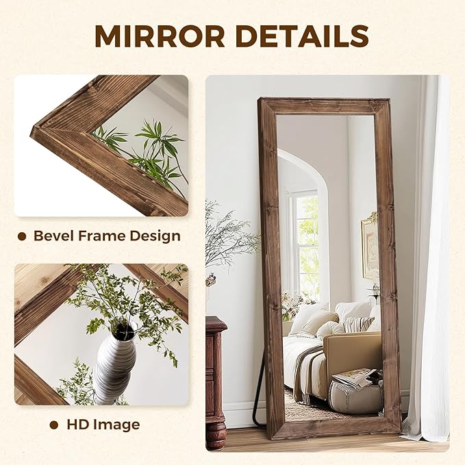 Full Length Mirror 65"x24" - Beveled Edge Rustic Brown Dressing Mirror, Solid Wood Frame, Wall Mounted or Standing for Bedroom, Entryway, Living Room