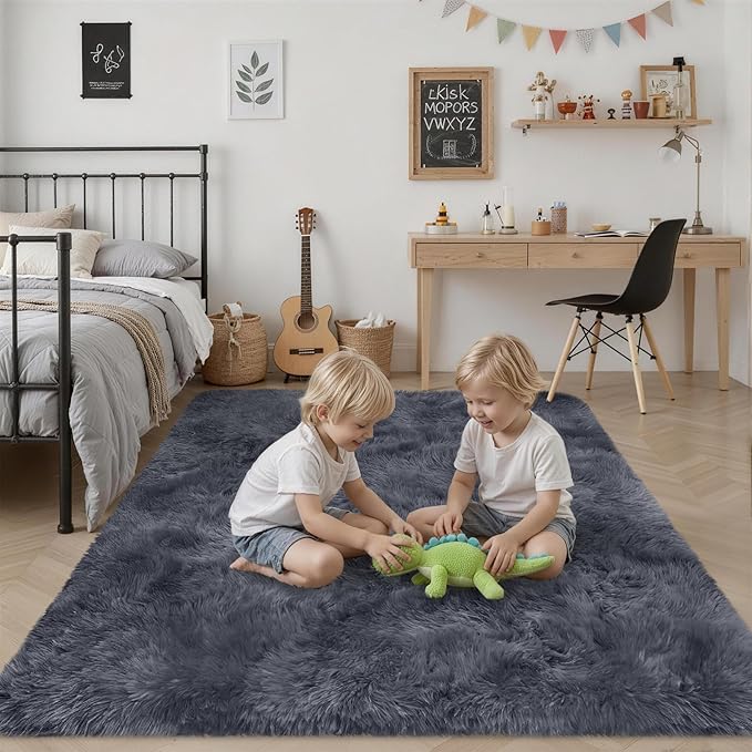 8x10 Area Rugs for Living Room Bedroom: Ultra Soft Fluffy Shag Rug Upgrade Non-Slip Non-Shedding Large Fuzzy Plush Carpet Indoor Floor Carpets for Kids Room Playroom Nursery Dorms Home Decor Grey