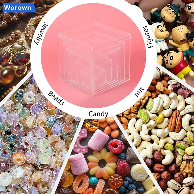 Worown 6 Pcs Acrylic Cube Box with Lid, Clear cube Candy Storage Container, Acrylic Square Cube Boxes for Figures, Cosmetics, Jewelry, Collections (Size 1.3", 2.2", 3", 3.3", 4", 4.7")