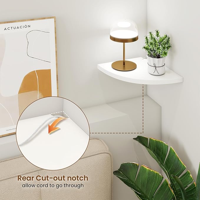 Fun Memories Corner Shelf Wall Mount Set of 2 - Solid Oak Wood Floating Corner Shelf with Cable Hole, 8.5in Rustic Design for Bedroom, Living Room, Kitchen (White)