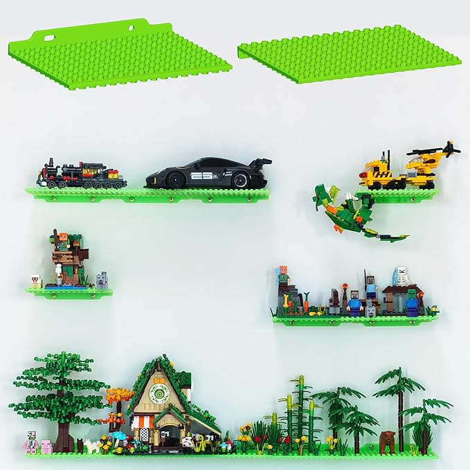 12 Wall Display Shelf for Lego Bricks, 4x5 inch Dual-Sided Floating Shelves with 16x13 Studs 4.8-4.9mm, Supports Up to 2 lbs with Screw, Baseplate Wall Mount for Builders Room Decor, Glow in The Dark
