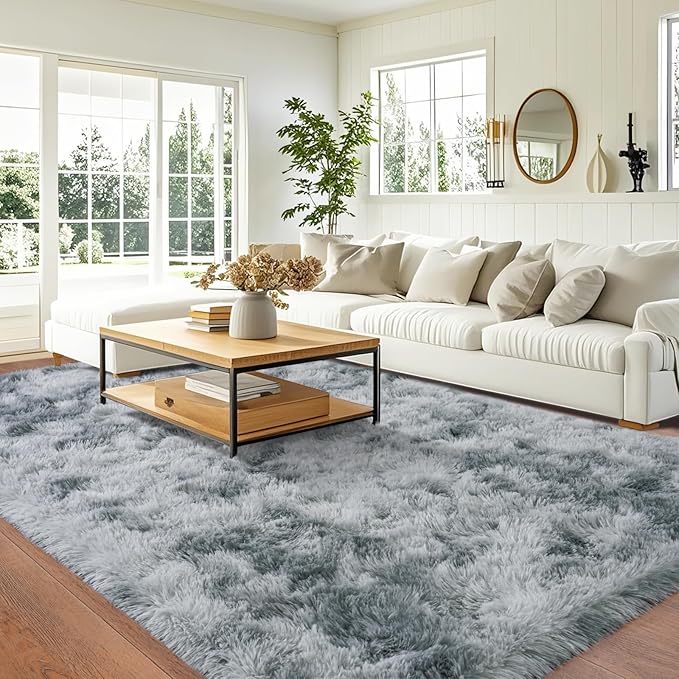 Area Rugs 9x12 for Living Room, Ultra Soft Fluffy Rugs for Bedroom, Non-Slip Furry Large Rug for Teen Girls and Boys,Nursery Kid Room Dorm Home Decor, High Pile Plush Floor Carpet, Tie-Dye Silver Grey