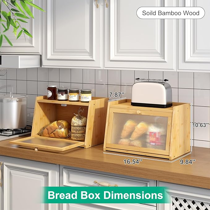 kiplant Bread Box for Kitchen Counter, Large Bamboo Bread Storage Container with Wavy Arcylic Door, Bamboo Wooden Farmhouse Bread Box for Your House (Natural, Medium)