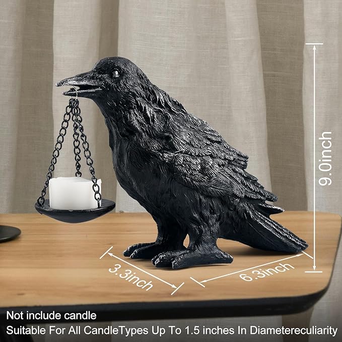Gothic Crow Lamp with Tealight Candle Holder Resin Raven Decor Statue Gothic Home Decor for Bedroom Unique Goth Gifts Wearing Silver