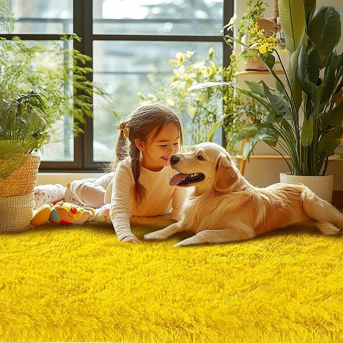 Yellow Fluffy Kids Rug for Bedroom: Shaggy Carpet for Girls Bedroom - Plush Soft Rugs for Cozy Bedside Dorm Room（Yellow,3x5 Feet）