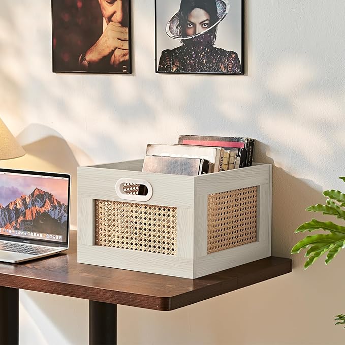 LELELINKY Vinyl Record Storage Crate, Rattan Vinyl Record Holder with Handle, Wood Record Crate for Vinyls Holder up to 75 LP's, Desktop Cube Album Storage for Vinyls Records(Grey White)
