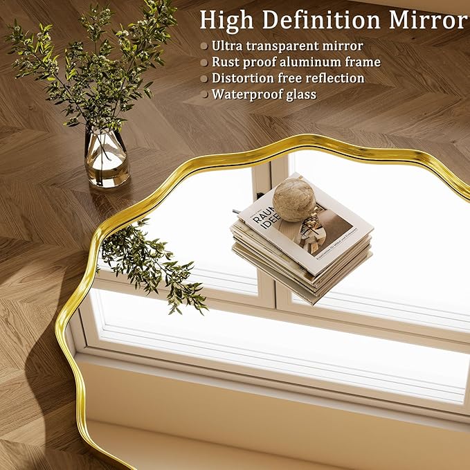 Round Wavy Mirror 42 Inch Bathroom Vanity Mirror Metal Frame Circle Wall Mounted Mirror for Bedroom Living Room Entryway Gold
