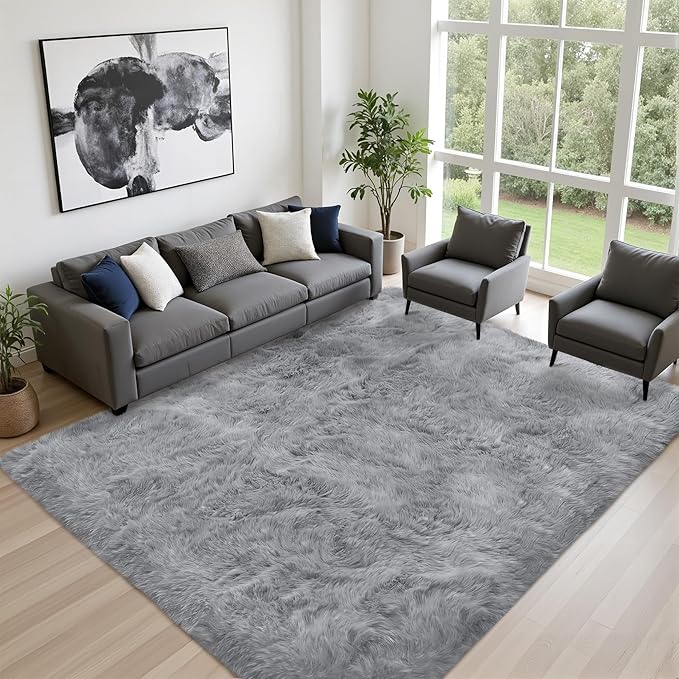Fluffy Area Rugs 9x12 Living Room Bedroom: Ultra Soft Shag Rug Upgrade Non-Slip Non-Shedding Large Fuzzy Plush Carpet Indoor Floor Carpets for Kids Room Playroom Nursery Dorms Home Decor Light Gray