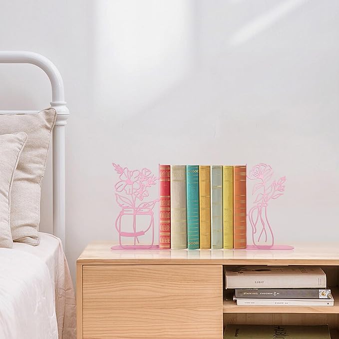 Metal Flower Vase Bookends, Cute Book Ends for Office Home Decor Decorative BookEnds for Shelves, Ideal Gift for Book Lovers(Pink)