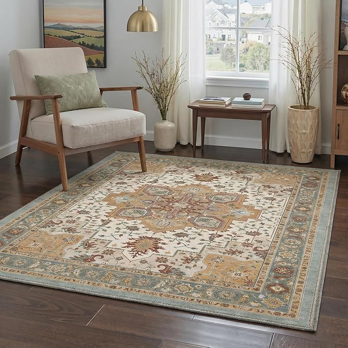 GENIMO 5x7 Area Rugs for Living Room, Machine Washable Rug, Non Slip Indoor Vintage Carpet, Low Pile Lightweight Chenille Print Carpet for Bedroom Dining Room Home Office, Warm Taupe Medallion