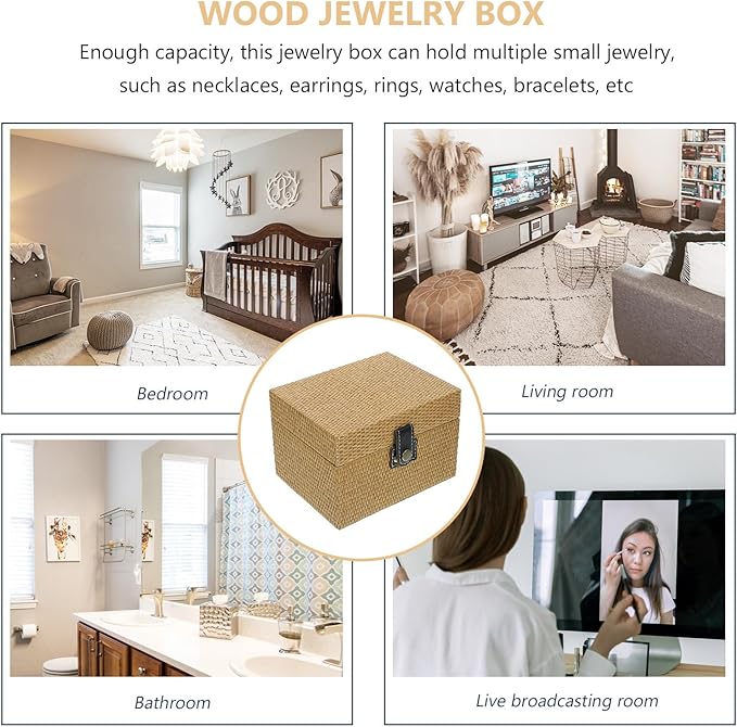 SEWACC Wooden Jewelry Storage Box Large Trinket Case with Lid Retro Wood Organizer for Makeup and Accessories Desktop Decorative Organizer for Women