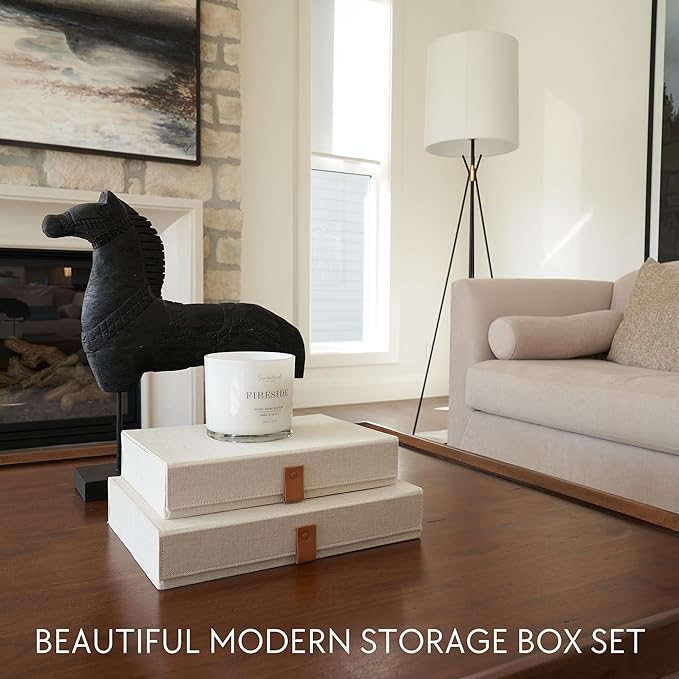 Decorative Photo Storage Boxes with Lids - Set of 2 Beautiful Linen Organizers Are Perfect to Safely Store Your Pictures, Documents, Scrapbooking Supplies, Keepsakes and Other Memories in Style